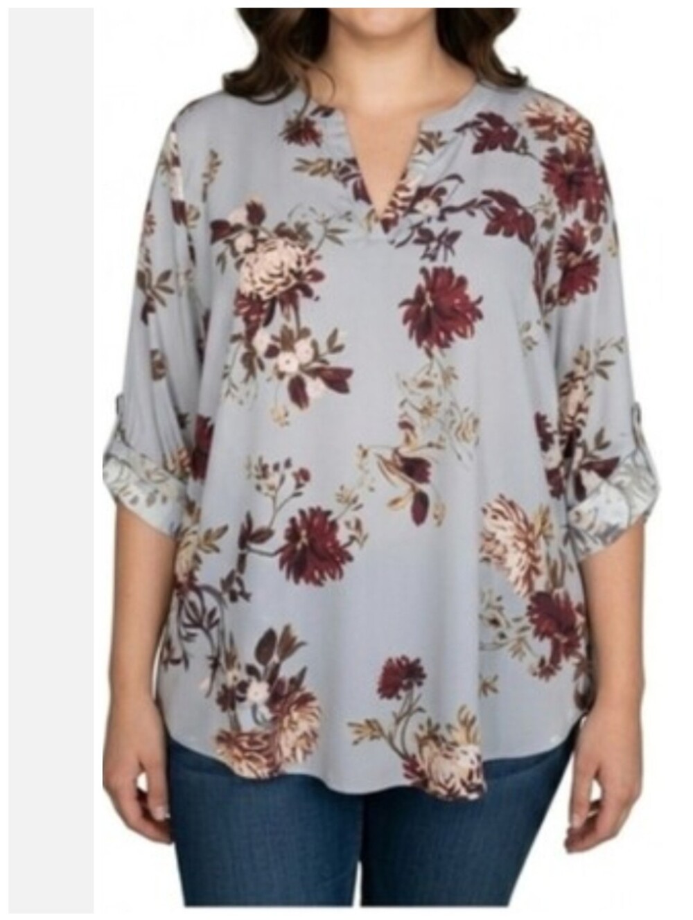 Maurices plus size gray floral roll-tab sleeve blouse Women's plus size 1X